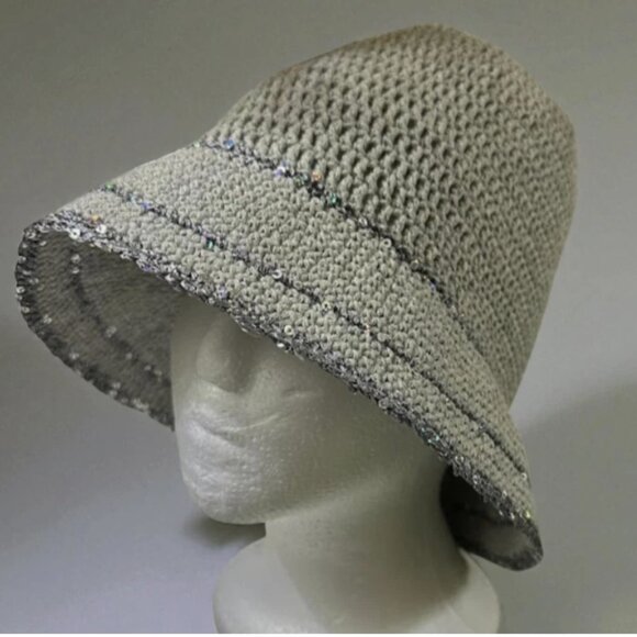 Handmade Crochet Gray Bucket Hat with Sparkling Sequin Trim - Picture 7 of 9